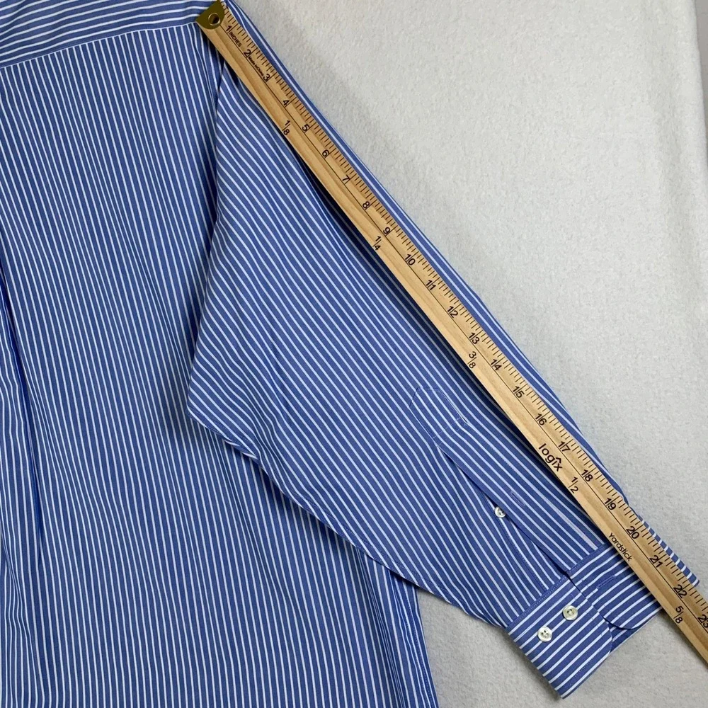 Brooks Brothers Men 17.5 2-3 Blue White Stripe Button Down Shirt Non Iron Cotton